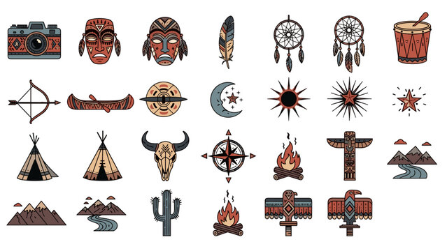 Collection of native american, tribal symbols, and cultural artifacts