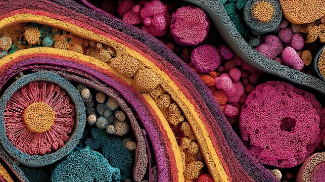 Microscopic view of kidney nephrons, vibrant color illustration
