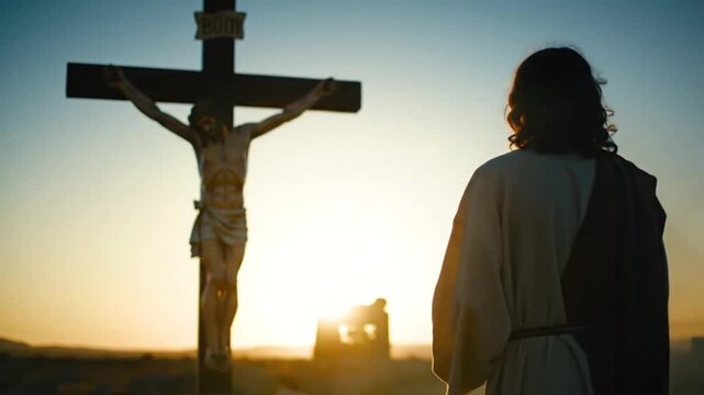 sacrifice scene jesus on the cross, saw himself Jesus Christ and black raven. Crucifixion on a wooden cross under a scorching sun. Seamless loop animation
