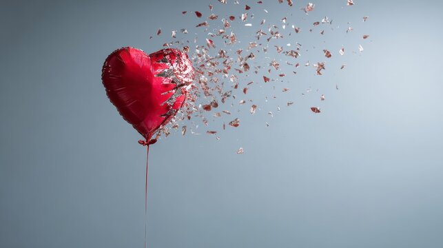 Heart balloon popping mid-air, symbolic broken heart 