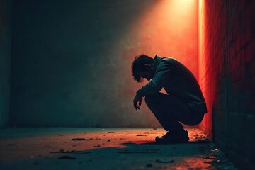 A solitary figure hunches, head bowed low, enveloped in shadow, embodying the weight of unspoken regret and the chilling silence of shame , obscurity, shame, weight