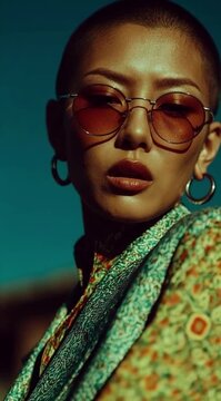 Jovem Mulher Linda Careca com Brinco de Argola Oculos Redondo e Blusa Estampada Expressando Moda e Beleza Futurista ao Ar Livre