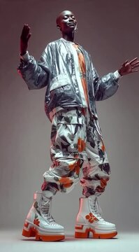 Mulher Negra Careca Vestindo Look Largo Futurista Metalico e Laranja Representando Moda Avant Garde e Beleza Contemporanea