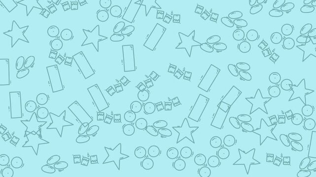 Scattered stars, circles, rectangles, and leaf shapes in light blue versatile design element for backgrounds, patterns, and creative projects.