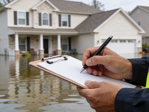 An inspector assesses flood damage, writing notes on a clipboard in front of a submerged suburban home, showing disaster response.