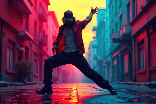 Dynamic silhouette of a dancer executing a powerful hip hop move against a vibrant urban backdrop The pose showcases athleticism and rhythm, embodying the energy of the genre , energy, culture