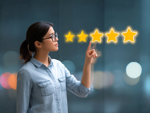 Woman placing review star rating on busines 11