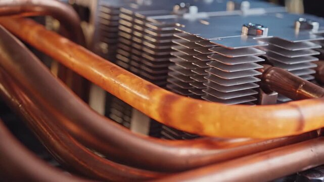 Raw Copper Heat Pipes Weaving Through Aluminium Cooling Fins