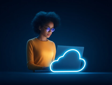 Woman uploading webinar video to cloud stor