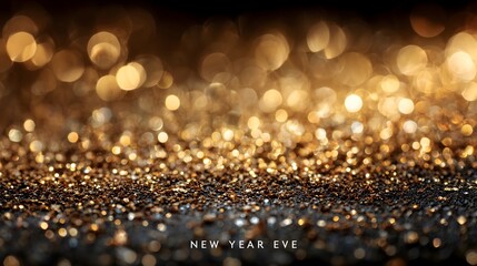 Party background with gold glitter for New Year Eve celebration with decorations and lights creating a festive atmosphere