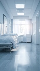 Hospital Corridor: A serene hospital corridor bathed in soft, natural light, leading towards a bright window. The clean and organized space evokes a sense of calm and care.