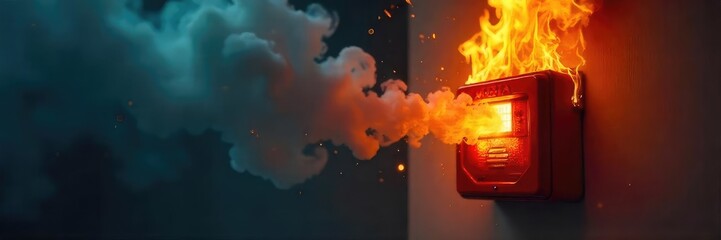 Intense flames engulfing a fire alarm, triggering a loud, shrill alert Smoke billows around the device, highlighting the urgent need for immediate evacuation , prevention, intense heat, smoke
