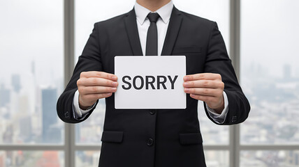 Professional Businessman in Formal Suit Holding a Sign with the Word Sorry as a Gesture of Apology