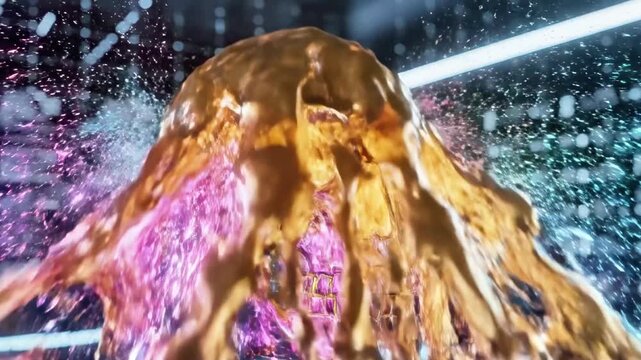 A metallic human skull with glowing gold eyes and copper-colored circuitry implants