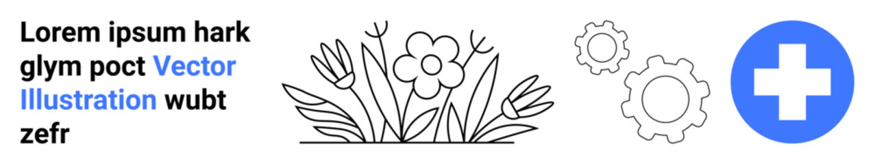 Obraz premium Healthcare, technology integration, medical services, nature, wellness, design aesthetics. Floral sketch with a cross and gear icons. Healthcare and technology integration concept