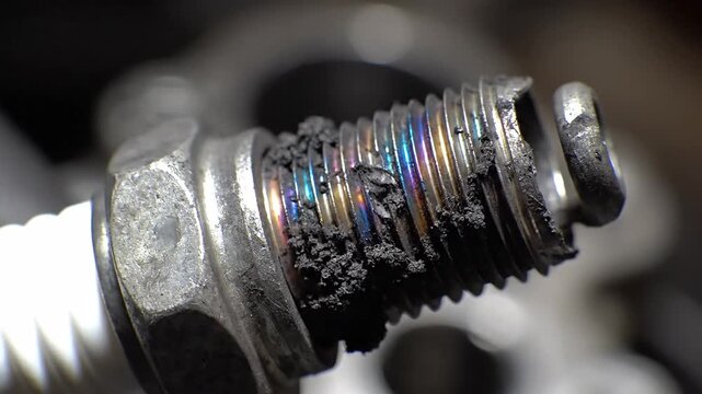 Rotating Inspection of Used Spark Plug with Carbon Deposits