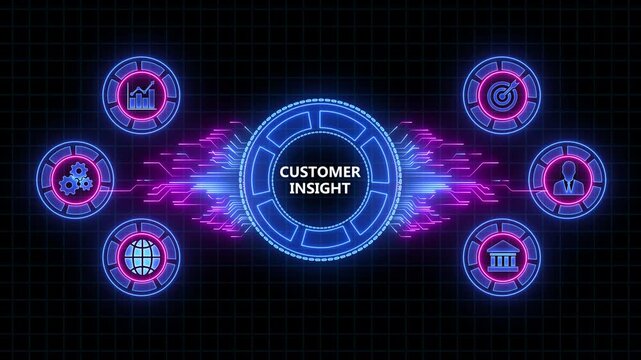 Customer Insight Concept.Digital animation glowing blue circuit lines, technology, data flow