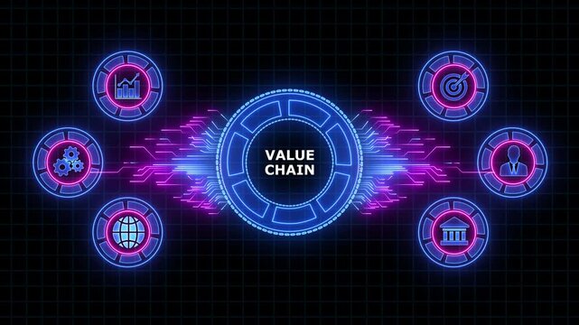 Value chain, business concept. Digital animation glowing blue circuit lines, technology, data flow