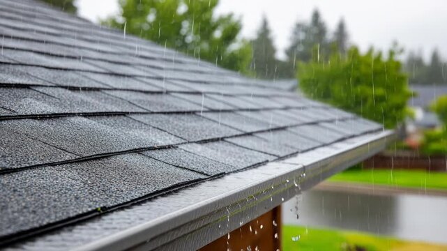 A close-up shot of shingles on a roof during a heavy rainstorm, with water flowing down the gutter.