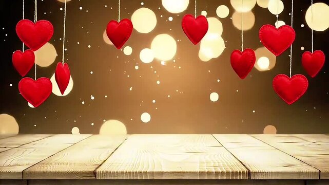 A festive Valentine's Day scene with red hearts hanging from strings against a warm, golden background with bokeh lights on a wooden platform.