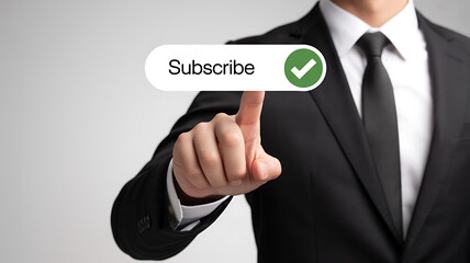 Businessman Interacting with Virtual Subscribe Button Concept for Digital Marketing and Online Content