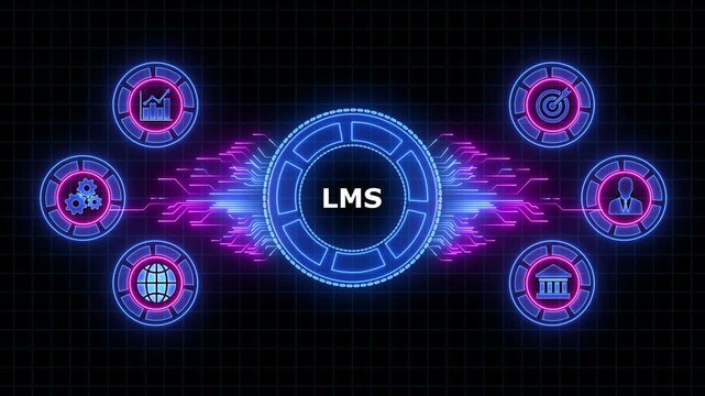 Learning Management System (LMS) concept. Digital animation glowing blue circuit lines, technology, data flow.