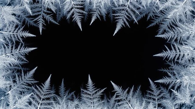 Frame of frost ferns with black background suggesting a wintery scene or a cold season border