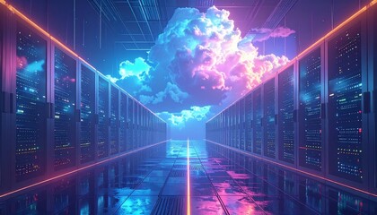 Fototapeta premium Futuristic server room with neon lights and a digital cloud, representing cloud computing and data storage technology