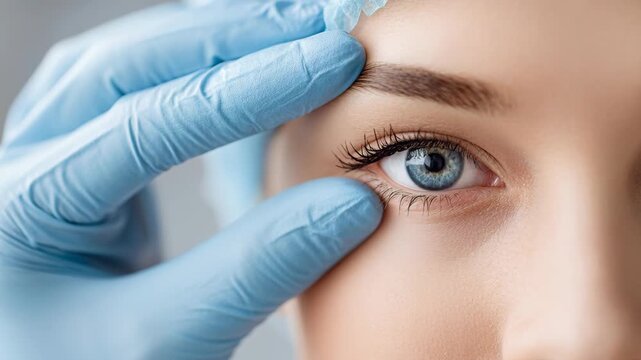 Close-up of a surgeon's gloved hand examining a person's eye and eyelid area.