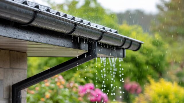 A close-up shot of rainwater pouring from a gutter and downspout during a rainy day.