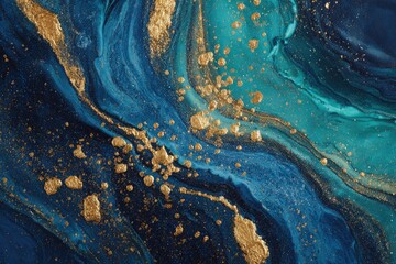 Abstract swirl of blue and teal hues with scattered gold specks texture