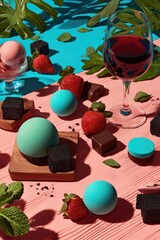 Sweet dessert scene wine, strawberries, chocolate, and colorful spheres