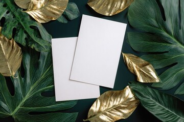 Mockup with blank cards nestled amongst green & golden tropical leaves