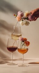 Wine cascade with flowers in glasses, hand pouring. Light, shadows