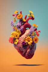 Anatomical heart adorned with wildflowers on a split orange and blue gradient