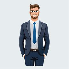 Smiling professional businessman in a sharp navy suit and glasses, exuding confidence and approachability with hands casually in pockets, ideal for corporate and business-related concepts