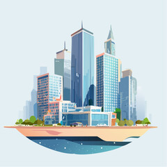 Dynamic urban landscape illustration showcasing modern skyscrapers and vibrant city architecture artfully arranged on an abstract floating platform, symbolizing urban development and future progress