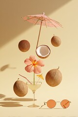 Summer still life of fruit, flower, drink, sunglasses in warm, floating setting