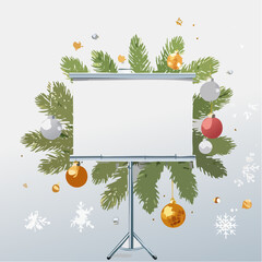 Festive Christmas presentation board surrounded by evergreen branches and baubles, perfect for holiday messages and announcements