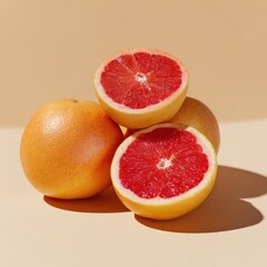 Sliced grapefruit stack, showing the juicy red interior, against beige background