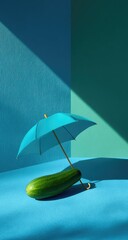 Cucumber sheltered beneath a small blue umbrella against two-toned wall