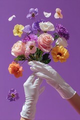Glove-clad hands hold bouquet, flowers float on purple background