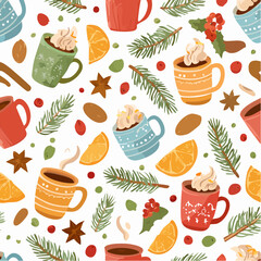 Warm winter beverages seamless pattern with festive elements like fir branches, holly, and sweet treats in cozy mugs, perfect for holiday designs and seasonal backgrounds