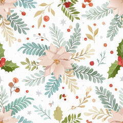 Elegant seamless seasonal pattern featuring delicate poinsettias, classic holly, and lush winter foliage, perfect for festive holiday designs and backgrounds