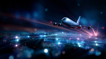 Digital representation of airplane flying across network of data points, speed and technological advancement sense, modern aviation, connectivity concept, defocused digital backdro