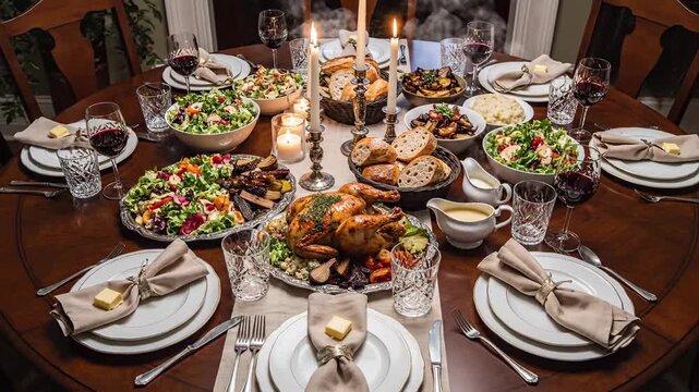Thanksgiving dinner table with roasted turkey and festive dishes.