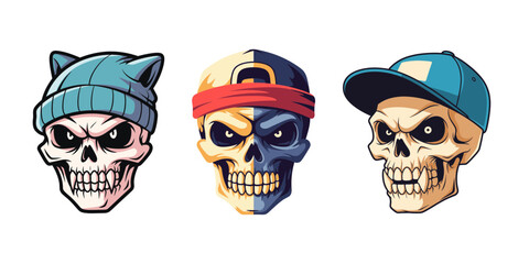 Three Cartoon Skulls with Hats and Bandana.