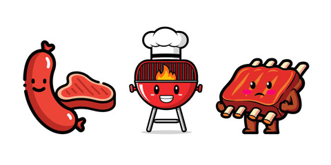 Cute Cartoon BBQ Grill with Sausage Steak and Ribs.