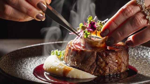 Close-up of Chef's Hands Artfully Plating Gourmet Beef Tenderloin with Red Wine Reduction and Mashed Potatoes under Dramatic Lighting