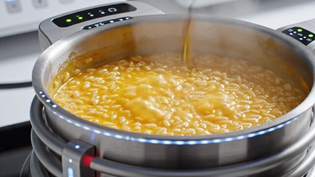 Cinematic Close-up of a Futuristic Smart Saucepan Cooking Saffron Risotto with Integrated Nanosilver Sensors and Visible Heating Elements